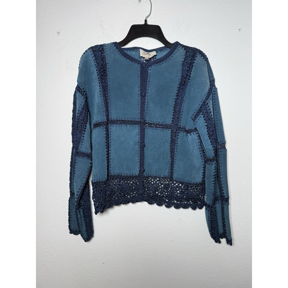 Vtg Patchwork Suede Coat Size 14‎ SCULLY Boho Crochet Blue Leather Western Rodeo